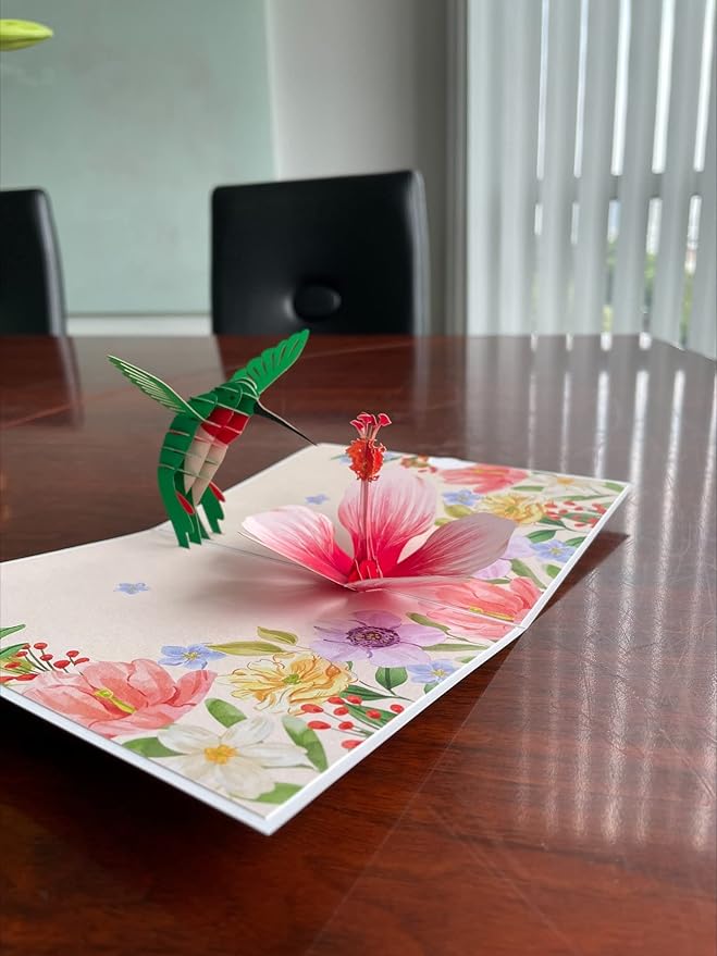 ETA 3D Pop Up Greeting Card – Hummingbird with Pink Hibiscus Flower, Handmade Nature & Floral Card, Birthday, Mother’s Day, Thank You & Garden Lover Gift with Envelope F35