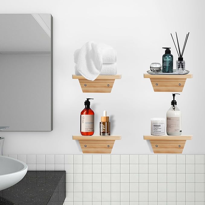 PHOENANCEE Small Floating Shelves,Trapezoid Wall Shelf for Speaker Table Lamp Plants Display,Decorative Wood Ledges Chic for Living Room,Bedroom,Kitchen,Office,Pine,8x6 Inch,2 Pack（Natural Wood）