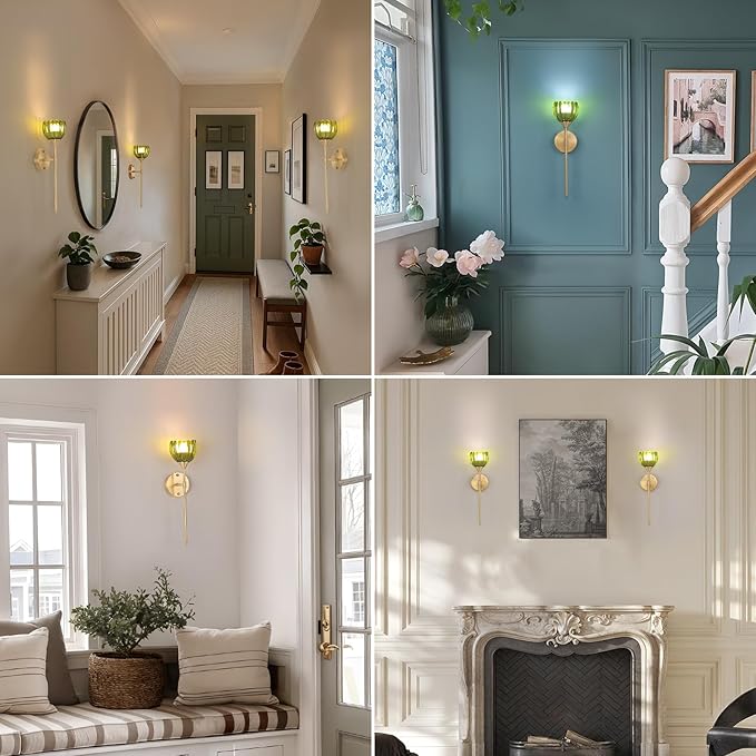 Battery Operated Wall Sconce Set of 2, Green Tulip Vintage Wall Light Fixture Rechargeable 5000mAh Battery Powered Wall Lamp with Remote for Living Room Bathroom