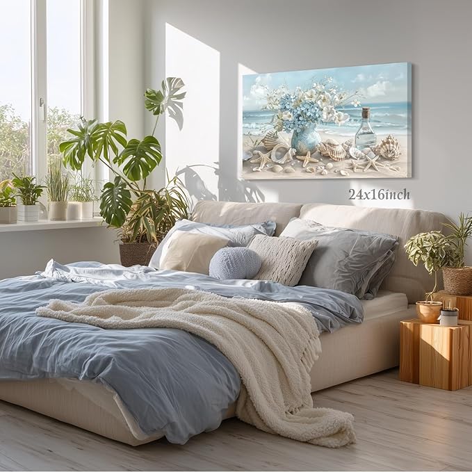 LLEEMPI Framed Coastal Beach Wall Art, Seashell Starfish Ocean Wall Decor, Shell Floral Sea Canvas Print, Blue Sky White Cloud Landscape Poster Print for Bathroom Bedroom Office 12x16 Inch