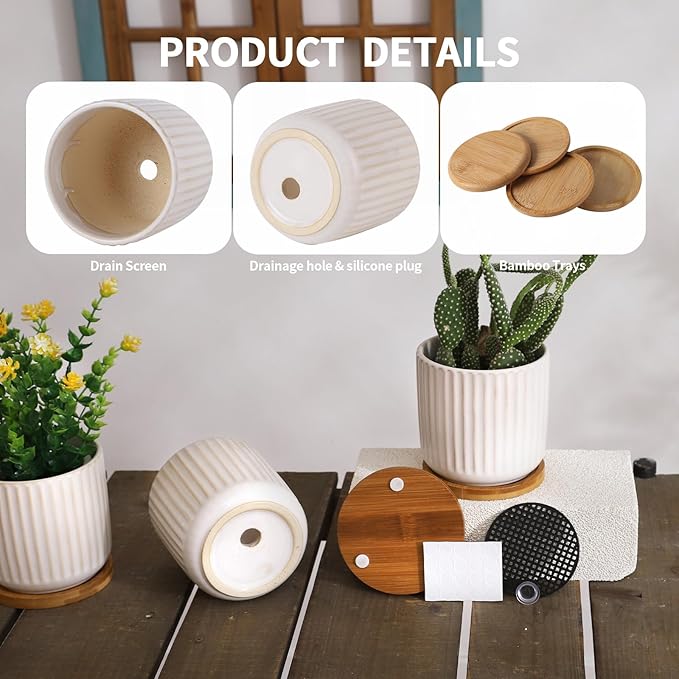 4 Inch Ceramic Plant Pots with Drainage Holes and Trays, Cylinder Vertical Stripes Small Flower Planter Pot with Bamboo Saucers for Indoor Plants, Succulent, Snake Plants, Cactus, Set of 4