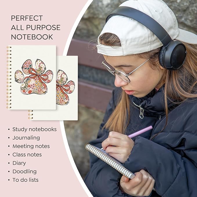 VONTP Boho Floral Dog Spiral Notebook, Dog Mom Lovers Owner Gifts for Women Journal, Pet Lover Gifts, Floral Puppy Paws College Ruled Notebook Journal for Writing, 5.5x8.3