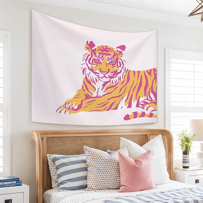 STHTTSW Pink Tiger Dorm Tapestry Aesthetic, Trendy Funky Preppy Tiger Tapestries, Pink and Orange Room Decor, Cute Girly Wall Hanging Decor for Teen Girl Women College Bedroom, 50x60 Inch
