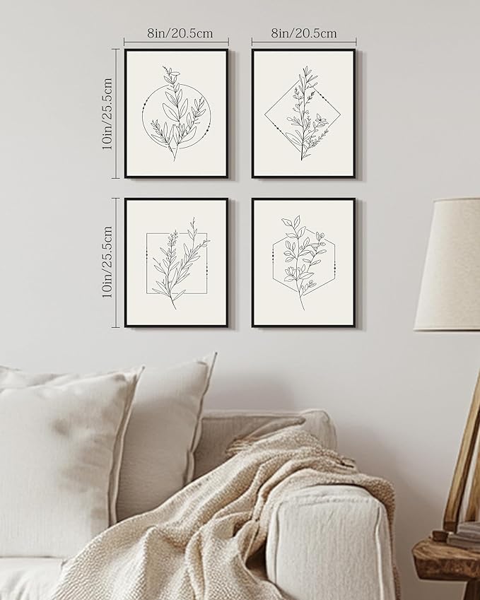 Drsoum Botanical Flower Boho Framed Wall Art Wooded Minimalist Aesthetic Floral Prints Farmhouse Retro Plants Rustic Bathroom Kitchen Home Decor Ready to Hang 8x10inx4pcs (Black Framed)