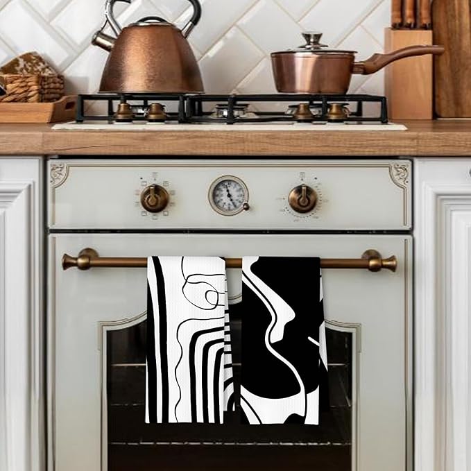 Abstract Black and White Kitchen Towels Set of 2, Modern Minimalist Wavy Line Art Dish Tea Towels for Kitchen, Contemporary Decor Hand Towels for Bathroom, 16x24 Inches