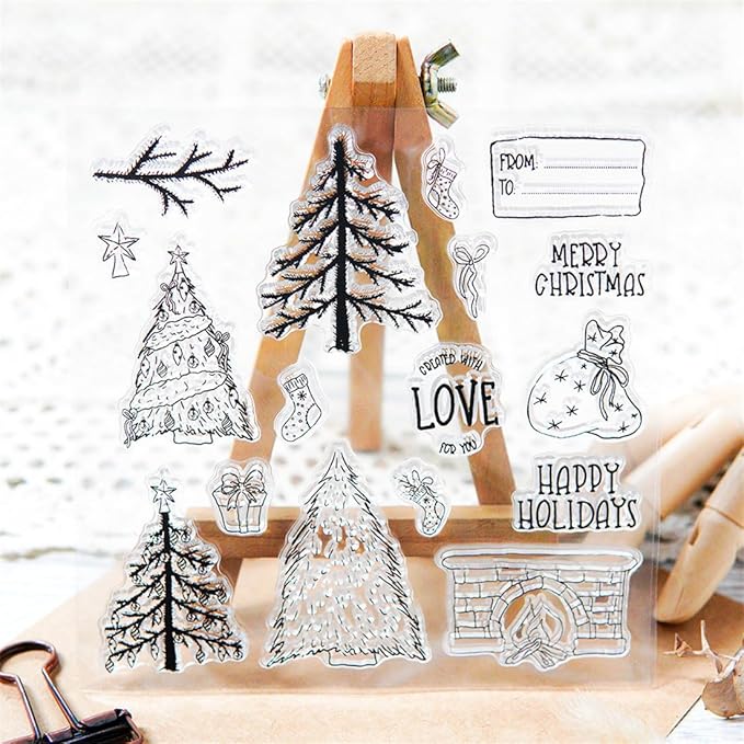 Christmas Tree Fireplace Stamps and Cutting Dies for Card Making DIY Transparent Silicone Clear Stamp and Metal Die Cuts Sets for Scrapbooking Paper Greeting Cards Decor Seals Craft Supplies