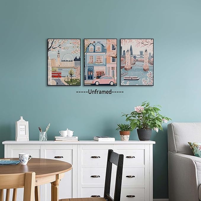 XLARTMY Watercolor City Landscape Travel Wall Art Canvas Framed Pink Cherry Flower Poster Girly Prints Painting Pictures Set of 3 for Bedroom Living Room Office 16x24in Unframed