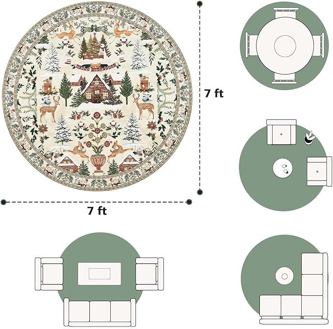 jinchan Round Christmas Rug for Dining Room 7ft Circle Holiday for Living Room Printed Christmas Tree and Cabin Rug 7'Soft Indoor Carpet for Bedroom Washable Non-Slip Winter Xmas Green on Beige