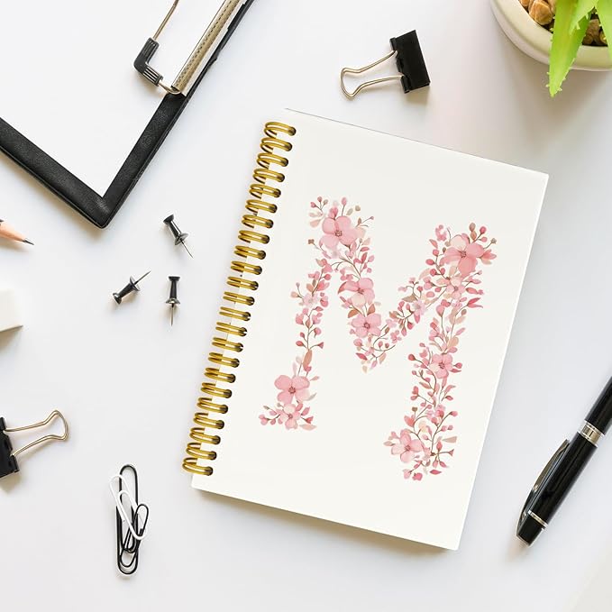 Pink Cute Spiral Notebook Journal, Preppy Floral Initial Letter M Personalized Journaling Notebooks, Monogrammed Gifts for Women Girls, Botanical Hardcover Spiral Lined Notebook 5.5 x 8.3