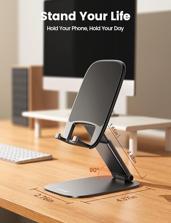 Lamicall Ultra-Thin Cell Phone Stand for Desk - [Height Adjustable] Foldable Desktop Phone Holder, Portable Mobile Stand, Office Desk Accessories for iPhone 17 16 15 14 13 Pro Max Air, Galaxy S25, S24