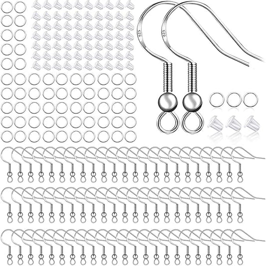 925 Sterling Silver Plated Earring Hooks 150 PCS/75 Pairs,Ear Wires Fish Hooks,500pcs Hypoallergenic Earring Making kit with Jump Rings and Clear Silicone Earring Backs Stoppers (Silver)