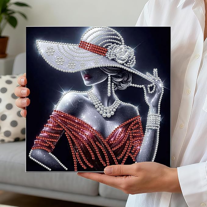 DIY Pearl Painting Kit with Wooden Frame, 3D Plastic Pearl Gemstone Ocean Art Craft for Adults Beginners, Diamond Art Kits for Adults, Home Wall Decor Ready Gift for Women(Woman in Red Dress)(30*30cm)