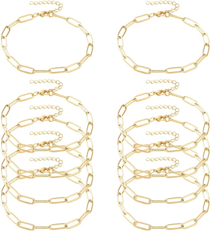 Exway 10 Pcs Paperclip Charm Bracelets Chain 6.5 Inch Stainless Steel Gold Chain Bracelets Kit with Lobster Clasps for Crafts DIY Women Jewelry Making