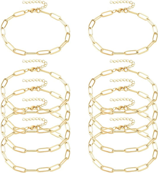 Exway 10 Pcs Paperclip Charm Bracelets Chain 6.5 Inch Stainless Steel Gold Chain Bracelets Kit with Lobster Clasps for Crafts DIY Women Jewelry Making