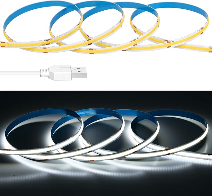 USB LED Light Strip 6.56FT, 5 Volt USB Powered COB LED Tape Lights, 6000K Daylight White 8mm High Density Flexible Strips CRI90+ for TV Backlight Under Cabinet Bedroom, No Controller and Power