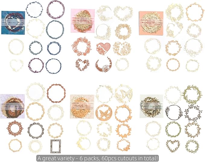 60pcs Decorative Card Paper Frames for Scrapbooking, 6 Packs Flower Lace Wreath Cutouts, Die Cut Border Card for Cardmaking Junk Journals Collage Decoupage Art Crafts Project DIY