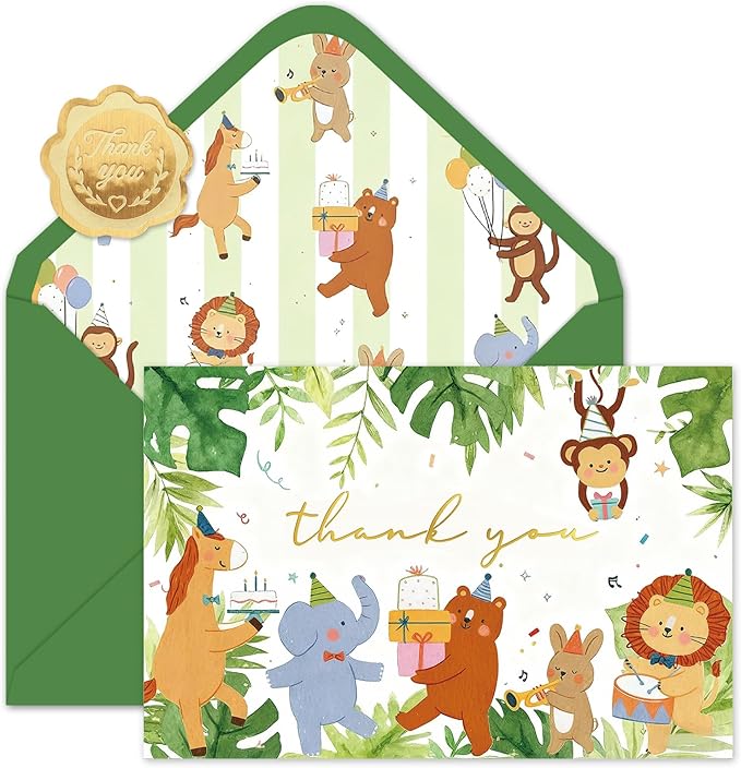 Whaline 24 Pack Jungle Animals Thank You Cards Greeting Card Greenery Forest Annimal Blank Note Card with Envelopes Stickers for Baby Shower Birthday, 4 x 6 Inch