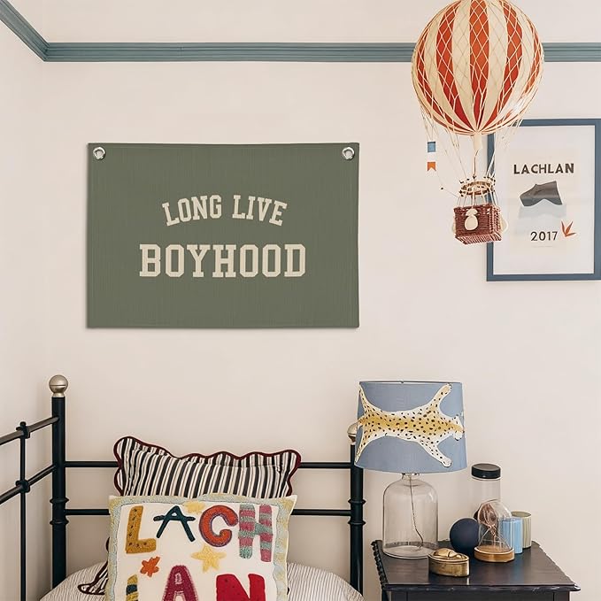 Long Live Boyhood Boys Room Decor - Wall Art Hanging Decor for Toddler Boy Room Nursery Playroom - Baby Kids Teen Bedroom Decor Sage Green,30X20 Inch