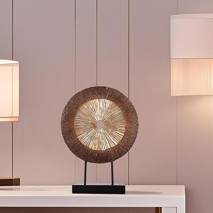 oliruim 12" Tall Abstract Brown Gold Round Sculpture - Unique Wood Color Home Decoration for Above Cupboard Decor, Living Room Coffee Table, Console, Office, Entrance, Table Centerpieces (Brown Gold)