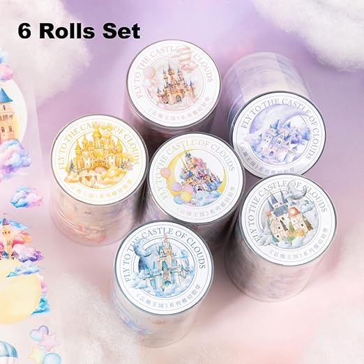 Cloud-Themed Pre-Cut PET Tape Set, 6 Rolls of Fantasy Castle and Balloon Stickers for Scrapbooking, Journaling, and DIY Craft Supplies
