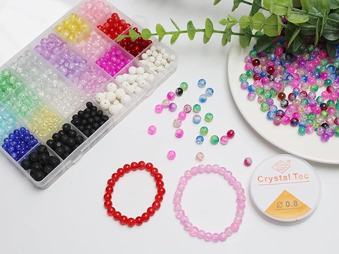 Pamir Tong 848PCS Crackle Glass Round Beads - 6mm 8mm 10mm Imitative Jade for Jewelry Making, Earrings, Necklaces, and DIY Crafts