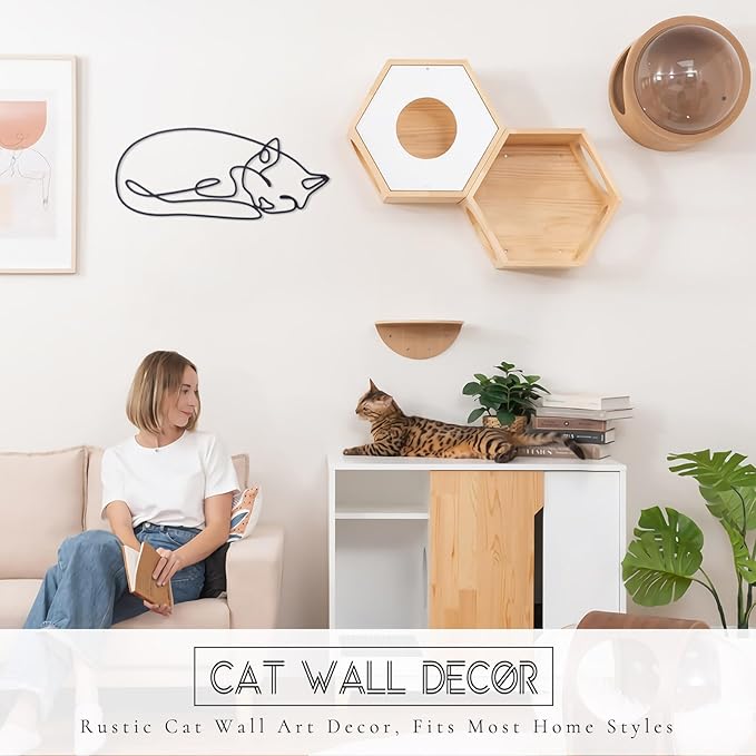TYLCC Black Metal Cat Wall Decor Minimalist Abstract Cat Wall Art Line Drawing Art for Living Room Bedroom Decorations (Sleeping)