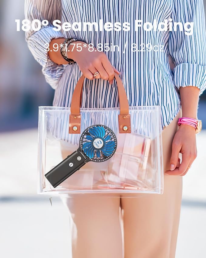 KIBEE Portable Handheld Fan - 5200mAh USB Rechargeable [20H Max Runtime] with Power Bank, Foldable 180° Mini Personal Fan, 3-Speed with Stand for Travel/Outdoor/Makeup/Concerts (Black)