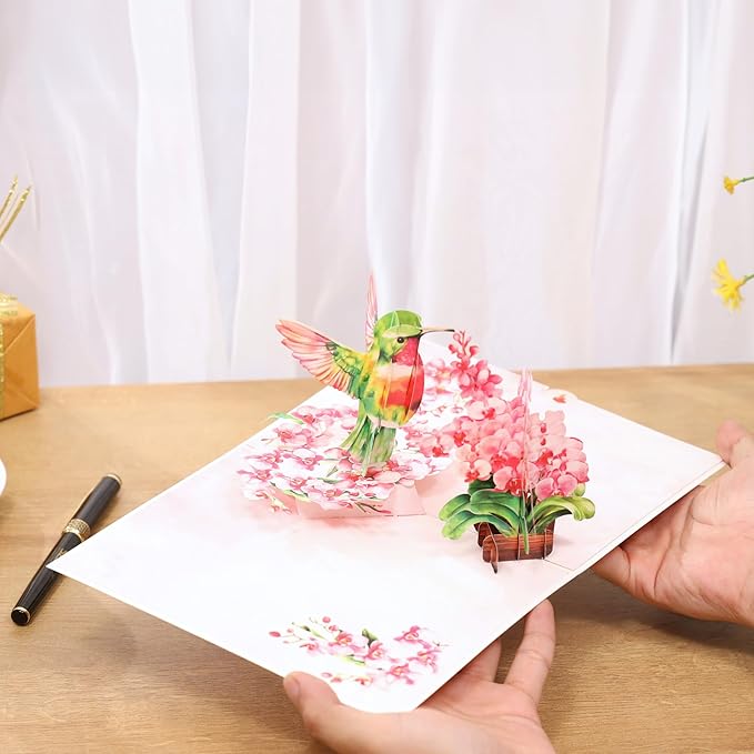 Pop Up Birthday Cards Hummingbird Orchid Flower, 3D Mother's day Card for Women, Mom, Wife, Daughter, Her, Sister, Girlfriend, Grandma, Ideal Gift for Valentines , Thank You, Anniversary, Get Wel