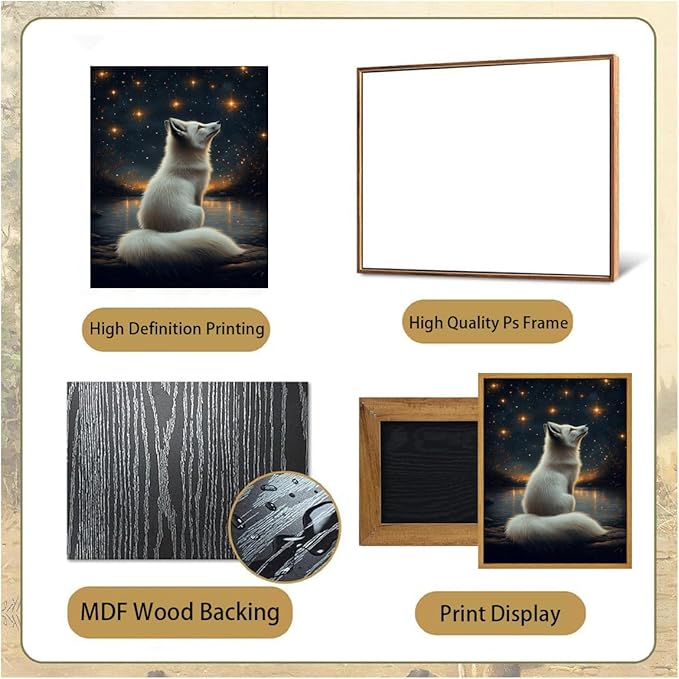 Djmwtb White Fox Framed Wall Art Starry Night Canvas Wall Art Prints Woodland Animal Painting Whimsical Nature Landscape Pictures Artwork for Living Room Bedroom 12x16in