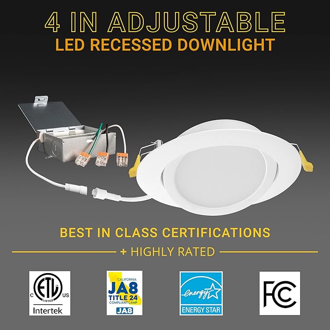 NUWATT 4 Inch Gimbal LED Recessed Lighting, 5CCT 2700K/3000K/3500K/4000K/5000K Selectable, 630 Lumen, Dimmable, Adjustable Canless Eyeball Lights for Sloped Ceilings, Metal Junction Box, 6 Pack