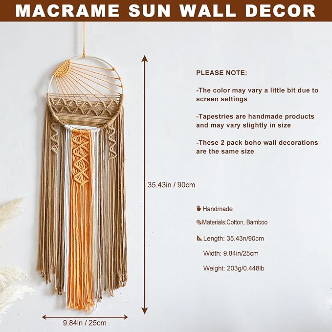 2 Pack Macrame Sun Wall Decor Set - Hand Woven Sunrise Sunset Boho Hanging Tapestry Wall Art, Orange Brown Rustic Dream Catcher Home Decor for Bedroom Living Room Nursery
