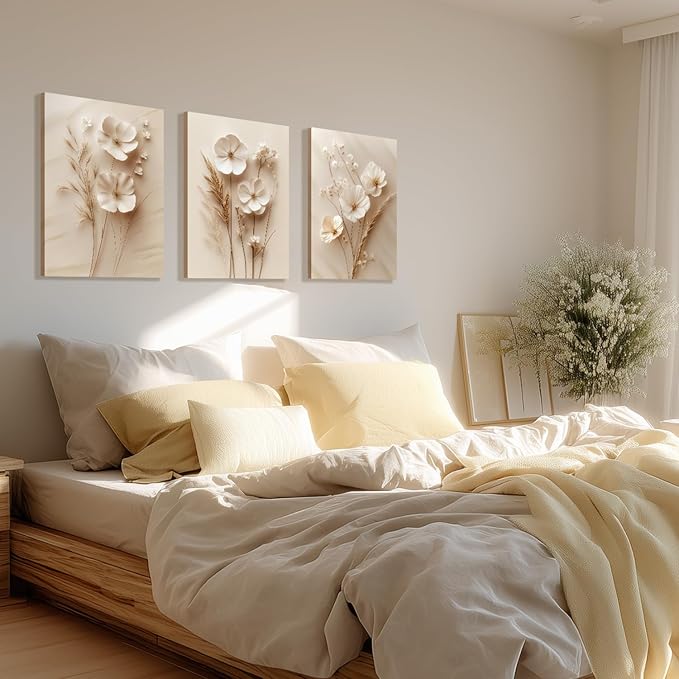 HLXRAE Minimalist Beige Floral Canvas Wall Art, Neutral Farmhouse Wall Decor, Framed Vintage Botanical Poster Prints, Modern Flower Aesthetic Pictures for Bathroom Living Room Bedroom 12"x16"x3