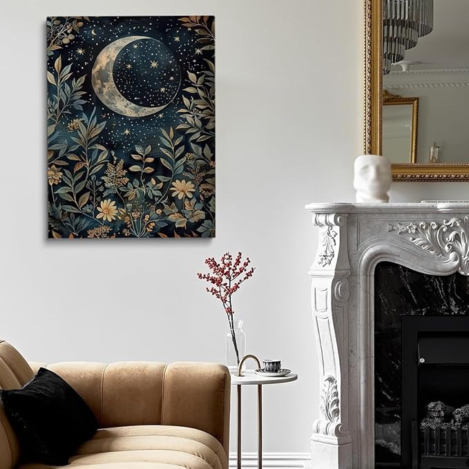 Vintage Crescent Moon Floral Botanical Poster William Morris Wall Art Print Retro Flowers Dark Academia Cottagecore Decor Canvas Prints Gothic Posters for Bedroom Living Room 12x16in Frame wall art