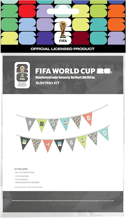FIFA World Cup DIY Canvas Bunting Kit – Soccer Fan Fabric Craft Project – Includes 24" x 43" Multicolor Fabric Panel, Backing, Binding & Instructions – Create 11ft Handmade Wall or Party Decoration