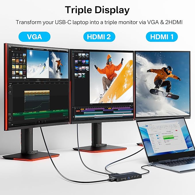 USB C Docking Station Dual HDMI Monitor, Laptop Docking Station 3 Monitors, 2 * 4K HDMI+1080p VGA+100W PD+Ethernet+3 USBC 10Gbps+SD/TF+Audio Adapter, USB C Hub for Dell/Lenovo/HP/ThinkPad(Black)