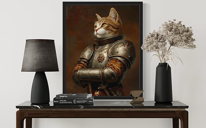 Knight Cat Portrait Art Poster Print, Kitten Painting Humor Pet Artwork Decor Gallery A8 (Knight Cat Portrait, 16 x 20 inches, Black Frame)