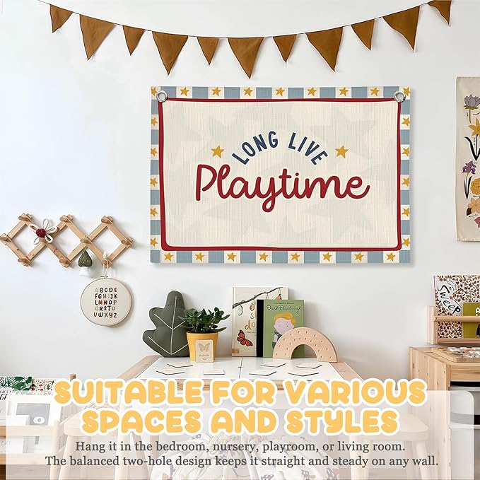Playroom Decor, Long Live Playtime Linen Canvas Banner,Kids Room Nursery with Star Pattern Wall Hanging Banner Flag Inspirational Decor for Toddler Boys Toy Room Bedroom,30x20 Inch
