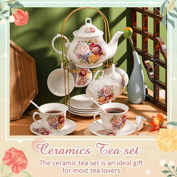 Zhehao 20 Pcs Porcelain Tea Set with Metal Holder and Spoon Adult Ceramic Tea Set European Flower Painting Teapot Cup Saucer Spoon for Women, Large Version(Styleish Style)