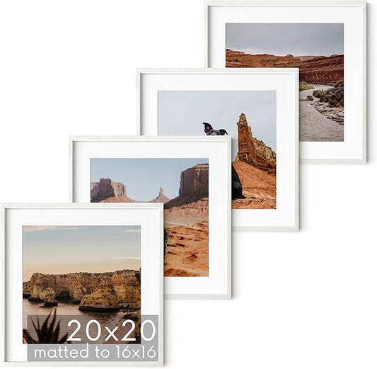 HAUS AND HUES White Oak Wood 20x20 Picture Frames - Set of 4, Square Frames with Mat, Premium White Frames for Large Wall Art (20x20 in, White, Set of 4)