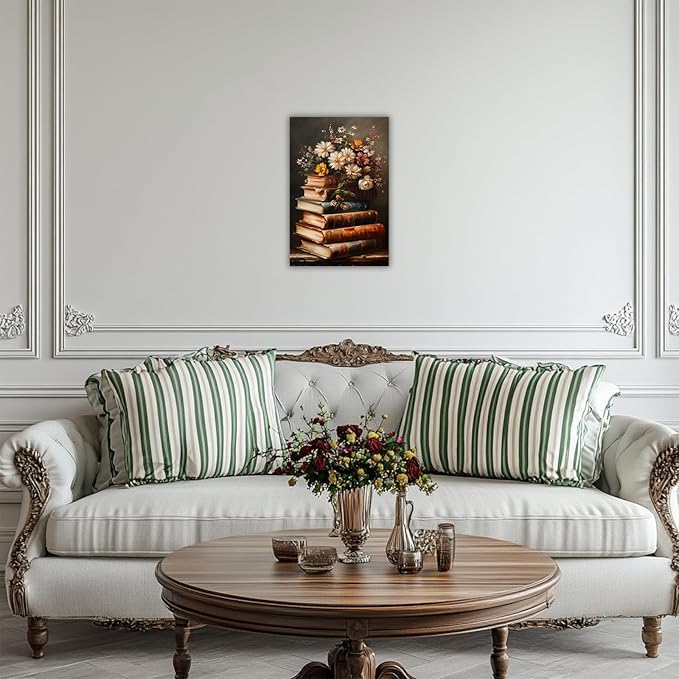 CHAOSETKEN Vintage Books Wall Art Flower and Books Canvas Prints Moody Floral Pictures Aesthetic Poster Rustic Still Life Artwork for Library Office Decor Framed (Brown,36" L x 24" W)