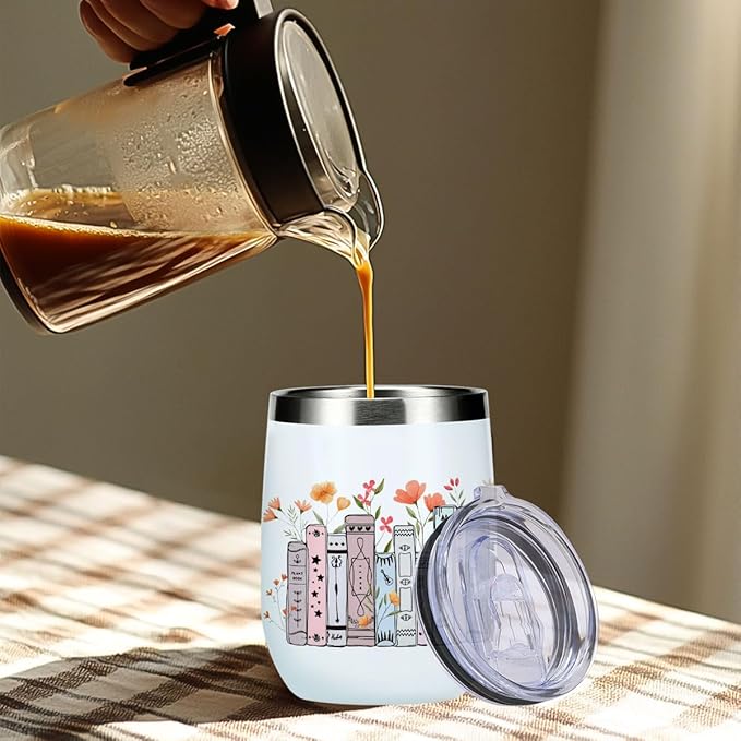 Wine Tumbler, 12 oz Coffee Mug Travel Insulated Cup Vacuum Wine Glass with Lid, Book Lovers Gifts Birthday Christmas Graduation Reading Book Accessories Bookish Librarian Gifts for Women Nurse Her