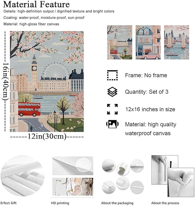 XLARTMY Watercolor City Landscape Travel Wall Art Canvas Framed Pink Cherry Flower Poster Girly Prints Painting Pictures Set of 3 for Bedroom Living Room Office 16x24in Unframed