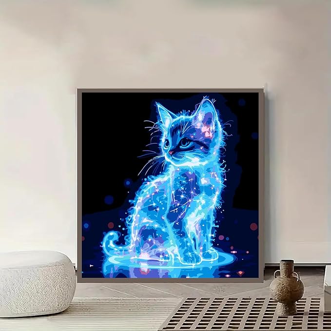 GXGLLPZBY Blue Cat Paint by Numbers Kit for Adults Beginner,DIY Blue Cat Paint by Numbers for Adults,Easy Canvas Paint by Number Without Frame Home Wall Decor 16 x 16 in