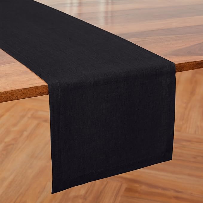 Solino Home Linen Black Table Runner 48 Inches - 100% Pure Linen Short Table Runner 14 x 48 Inch Ideal for Dresser and Coffee Tables - Winter - Diana Medium Weight