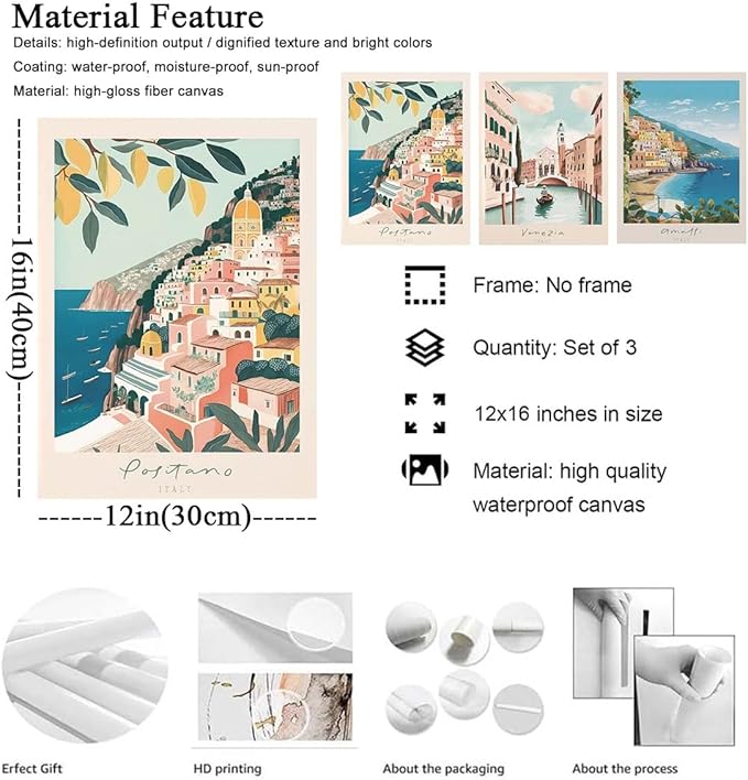 XLARTMY Italy Amalfi Coast Travel Posters Wall Art Canvas Decor City Landscape Blue Venice Coast Painting Beach Modern Artwork for Living Room Bedroom Bathroom Office Set of 3 12x16in Unframed