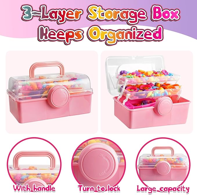 FUNZBO 850pcs Pop Beads - Jewelry Making Kit for 3 4 5 6 7 8 Year Old Little Girls, Arts and Crafts Toys for Kids, Necklace Bracelet Ring Hairband Creativity Snap Set Holidays Christmas Birthday Gifts