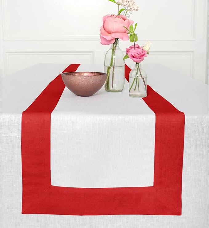 Solino Home Linen Table Runner 36 Inches - 100% Pure Linen Red and White Small Table Runner 14 x 36 Inch Ideal for Dresser and Coffee Tables - Contempo - Valentines, Winter