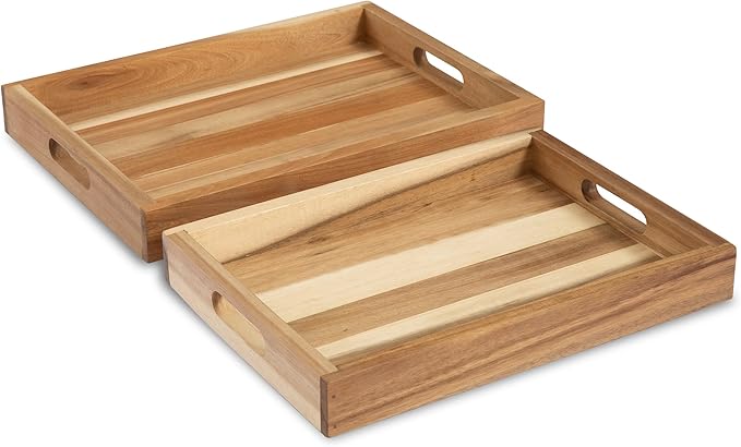 Natural Acacia Wooden Rectangular Serving Tray with Handles, Set of 2 (15"x11" & 13"x10"), Large Tray for Ottoman, Breakfast in Bed, Dinner, Coffee Table Decor & Kitchen