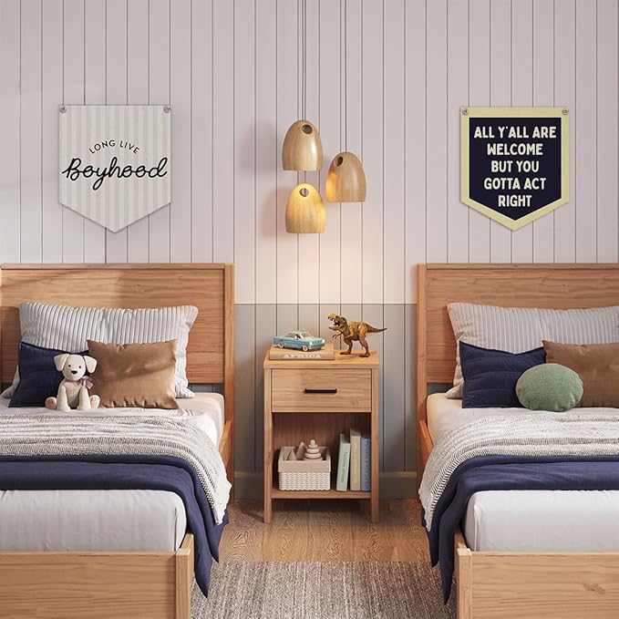 Lacama Long Live Boyhood Linen Banner,Vintage Boy Room Toddler Decor,Boy Bedroom Wall Hanging Banner Pennant Flag Decor for Nursery Playroom,12.4x14 in(Neutral Stripe)