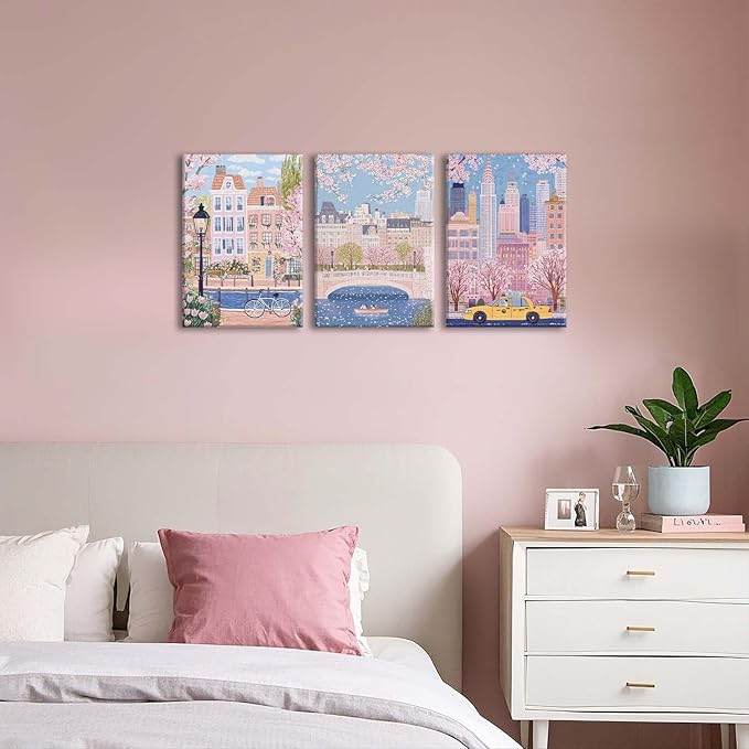 XLARTMY Watercolor City Landscape Travel Wall Art Canvas Framed Pink Cherry Flower Poster Girly Prints Painting Pictures Set of 3 for Bedroom Living Room Office 16x24in